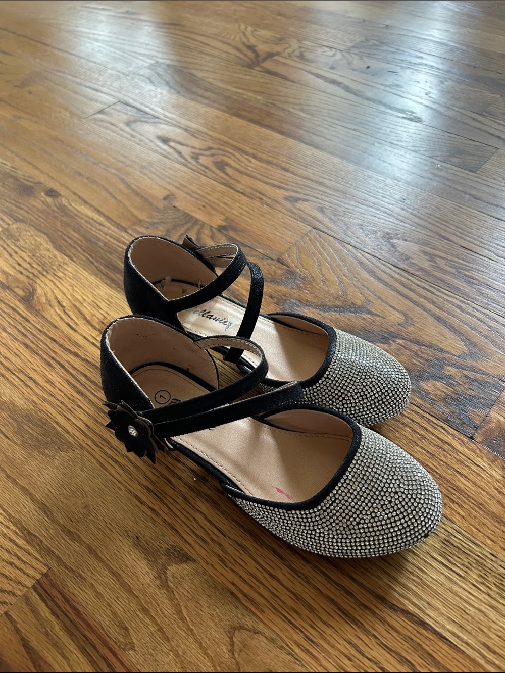 Black and Silver Rhinestone Mary Jane Dress Shoes with Flower Accent